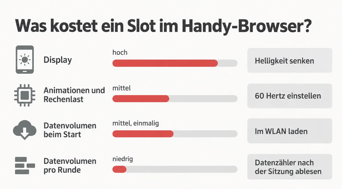 Verbrauch eines Slots im Handy-Browser: Das Display belastet den Akku am stärksten, Animationen und Rechenlast mittel, Datenvolumen beim Start mittel und einmalig, pro Runde niedrig, jeweils mit einem passenden Hebel