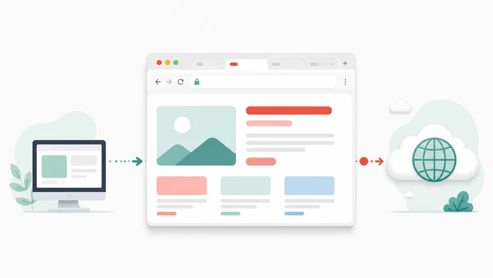 Ablauf vom Gerät über den Browser ins Internet und zurück: Der Browser fordert die Webseite an und baut sie auf dem Bildschirm zusammen.