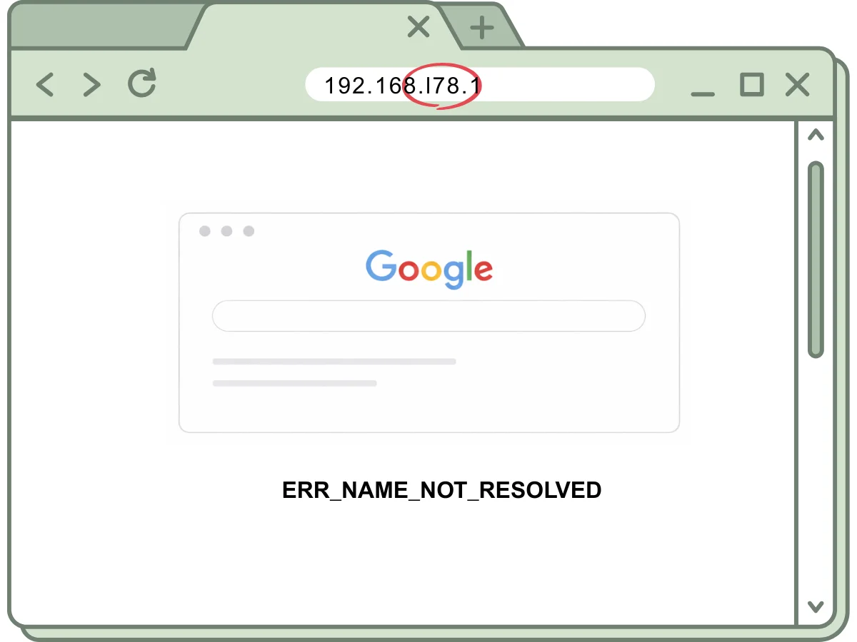 Browser kann 192.169.l78.1 nicht als Adresse auflösen und hält das für eine Suche