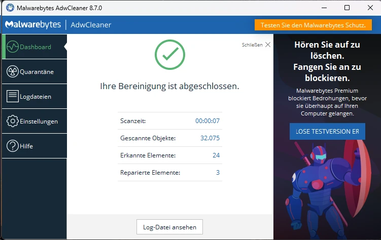 Screenshot Adwcleaner - Abgeschlossene Bereinigung