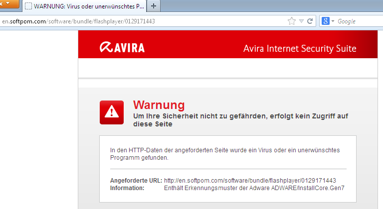 Warnung - Zugriff auf verseuchte Webseite von Avira Internet Security verhindert