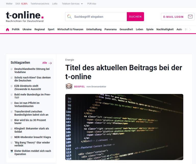 Beta t-online.de - Relaunch (angepasster Screenshot der neuen t-online Startseite)