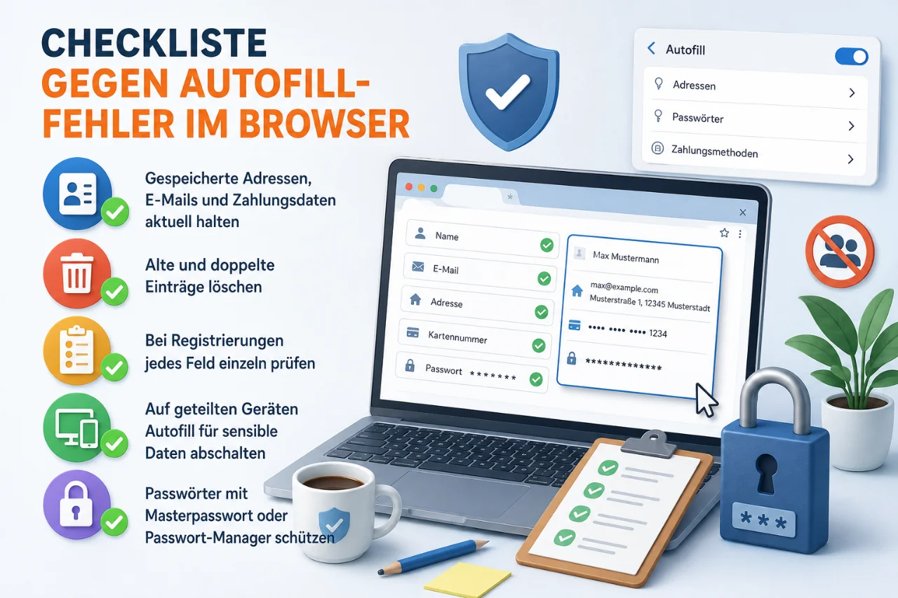 Checkliste gegen Autofill-Fehler im Browser: Laptop mit ausgefülltem Formular, Autofill-Einstellungen und fünf Tipps zu Adressen, Passwörtern und Zahlungsdaten