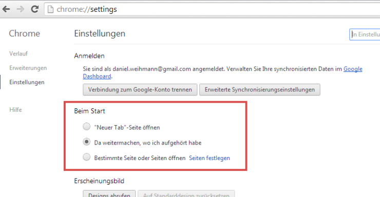 Start-Einstellungen beim Google Chrome Browser