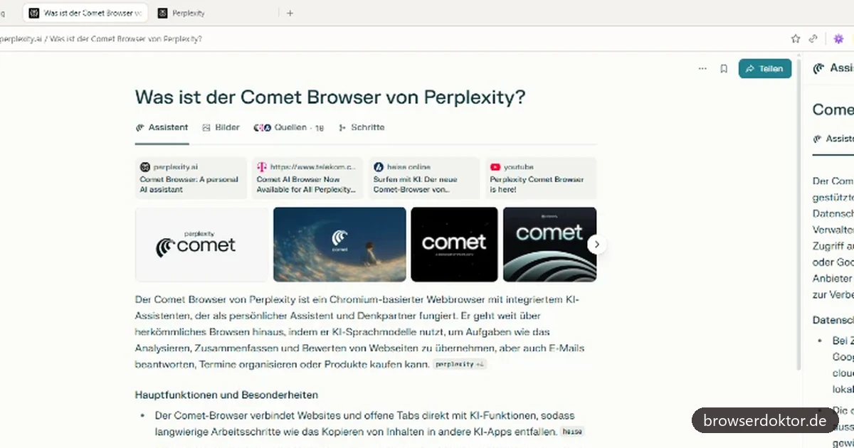Die Oberfläche des Comet Browsers von Perplexity mit KI-Assistent und Quellen