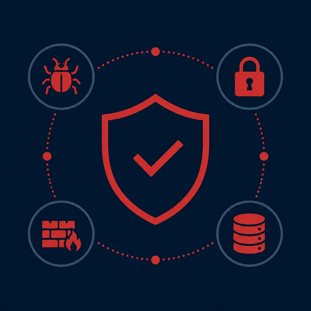 Illustration eines Cybersecurity-Schutzschilds mit Checksymbol sowie Icons für Bug, Schloss, Firewall und Datenbank