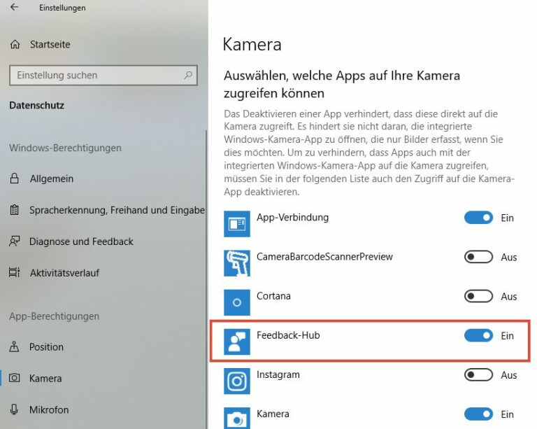 Feedback-Hub für die Kamera deaktivieren