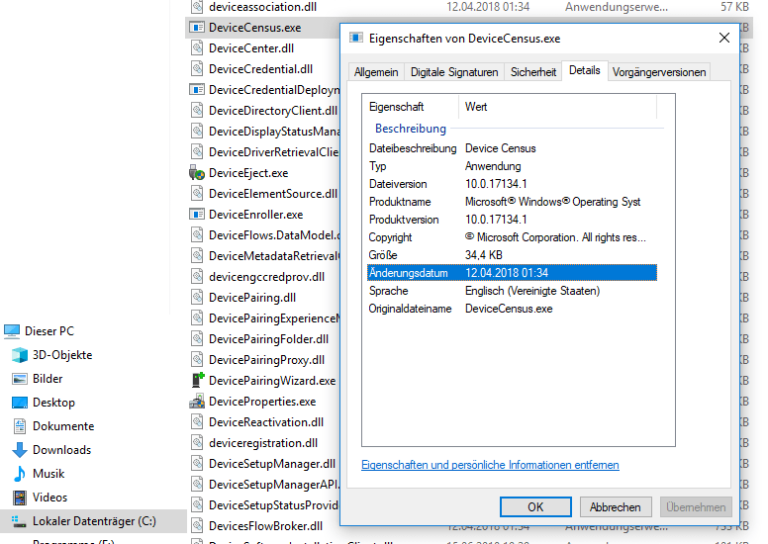 Eigenschaften der DeviceEensus.exe im System32-Verzeichnis