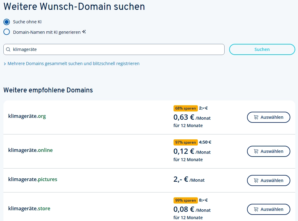 Domain Check bei IONOS zeigt für klimagerät freie Endungen wie .org und .store