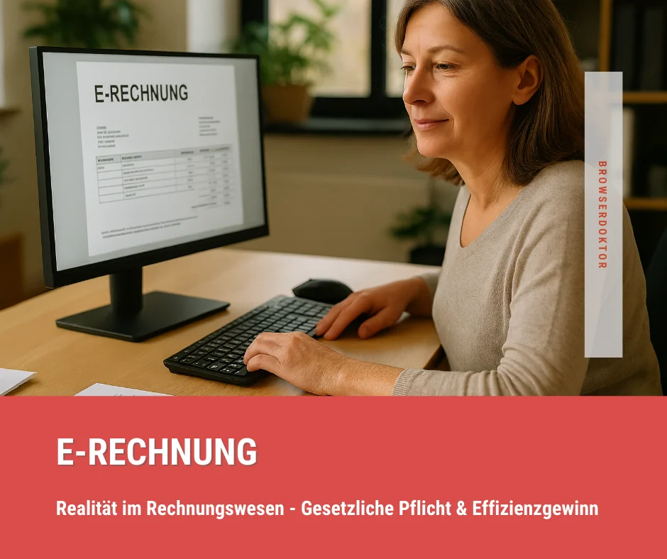 Frau im Rechnungswesen prüft E-Rechnung am Bildschirm im modernen Büro - symbolisiert die digitale Umstellung und Effizienzgewinn ab 2025