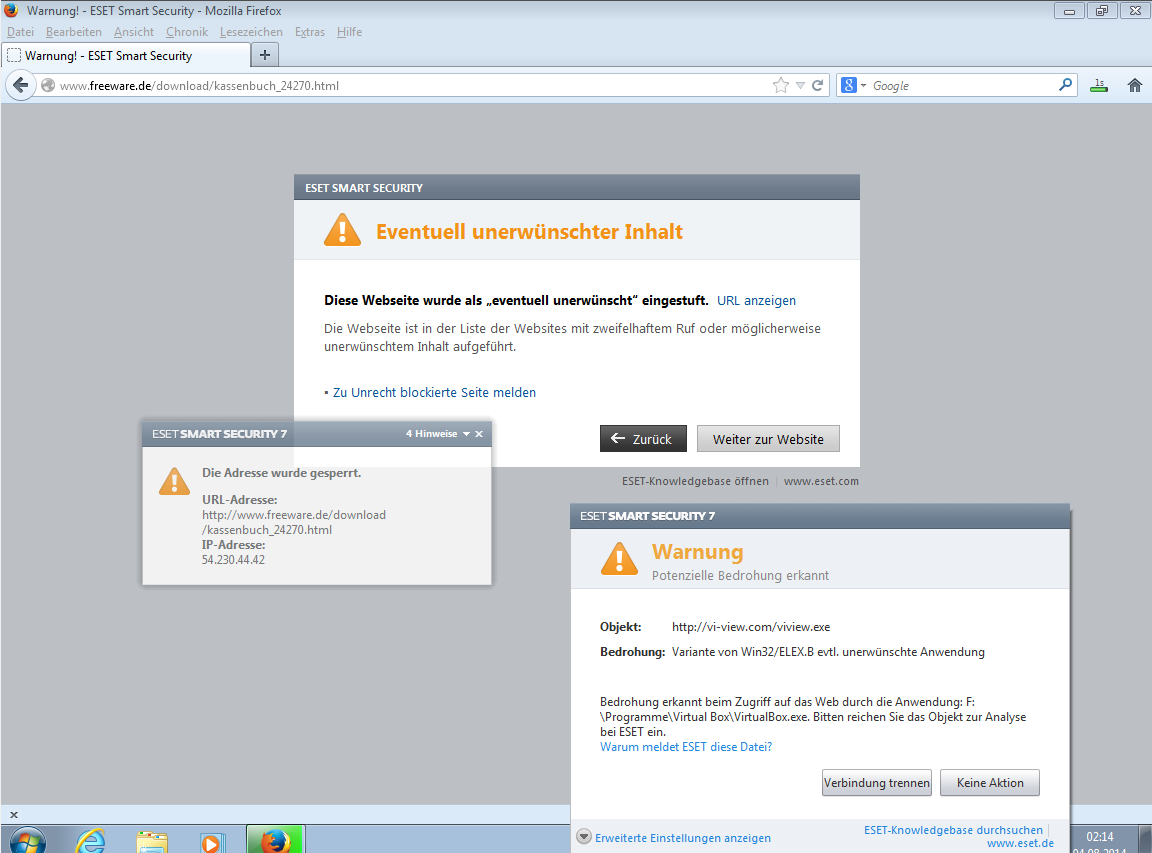 ESET blockiert einen Aufruf von freeware.de umgehend und verhindert Download von Schadsoftware