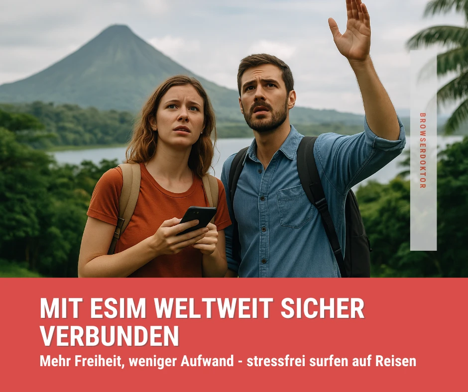 Ein junges Paar sucht mit dem Smartphone in Costa Rica nach Empfang – symbolisch für die Vorteile einer eSIM bei Reisen in entlegene Regionen.