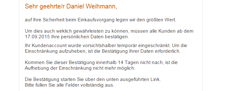 Fake E-Mail vom Amazon-Kundencenter (Ausschnitt)