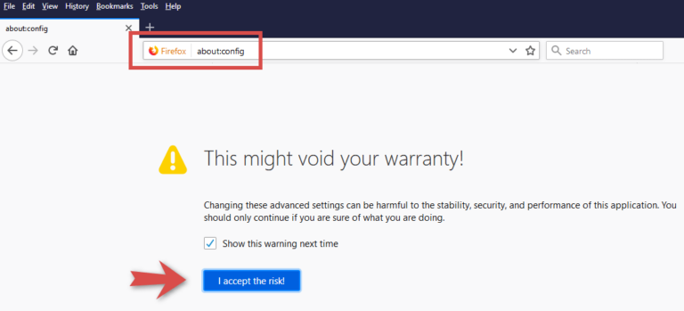 Mozilla Firefox: about:config eingeben und bestätigen