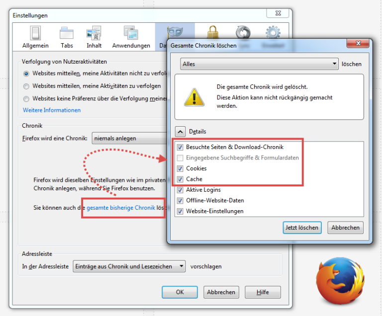 Firefox: Cookies und Chronik löschen