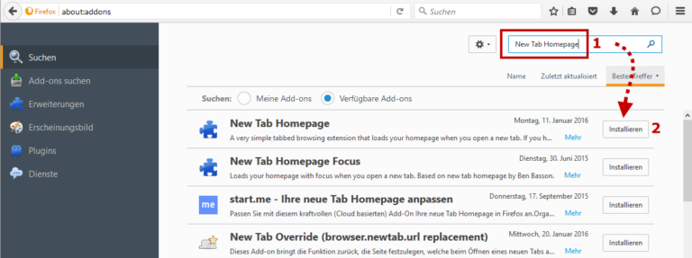 Firefox-Addon New Tab Homepage installieren