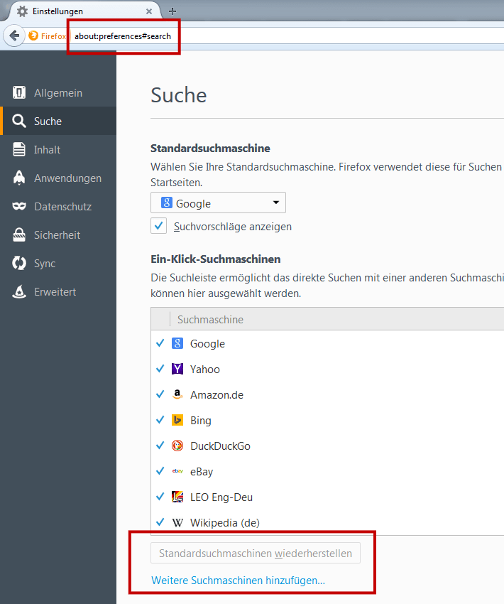 Firefox Suchmaschinen-Einstellungen