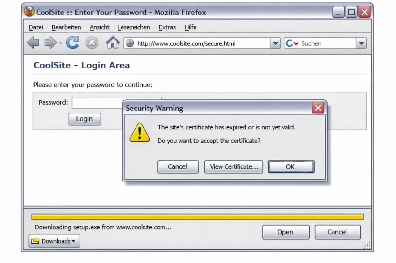 Screenshot eines Firefox-Browsers unter Windows XP mit überlagertem Sicherheits- und Download-Dialog (Firespoofing, 2005)