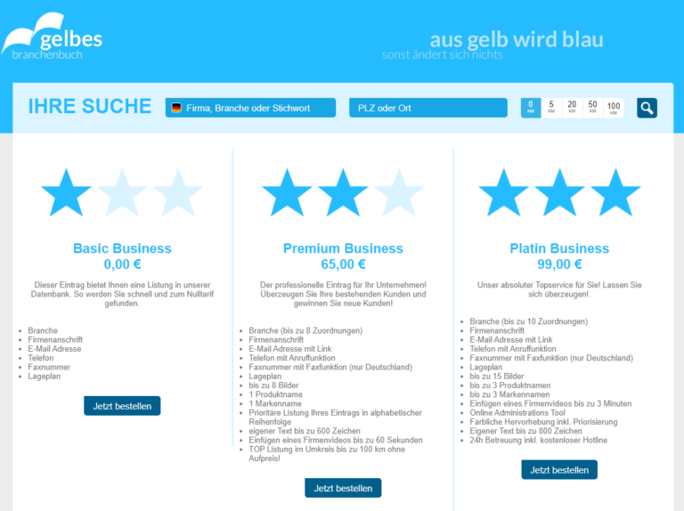 Gelbes Branchenbuch Preisegestaltung (Screenshot von der Webseite)