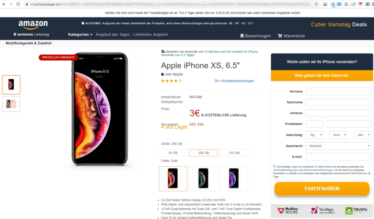 Fake Amazon-Shop mit vermeintlich extrem günstigen iPhone XS
