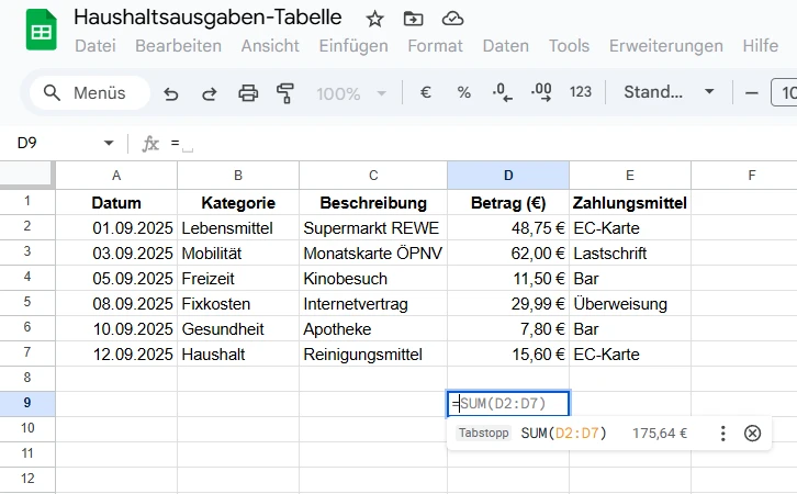 Google Drive Tabelle mit Musterdaten