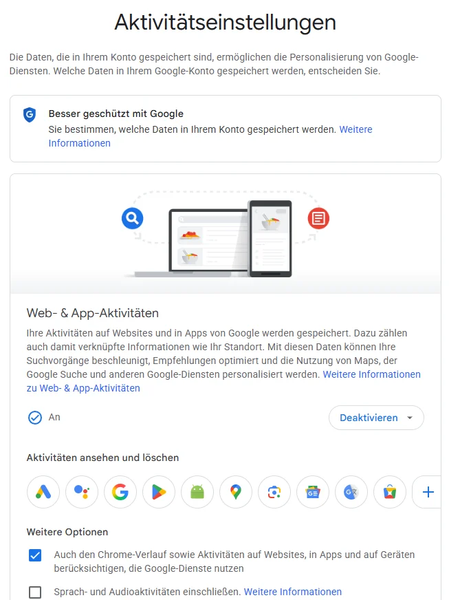 Aktivitätseinstellungen in Google My Activity