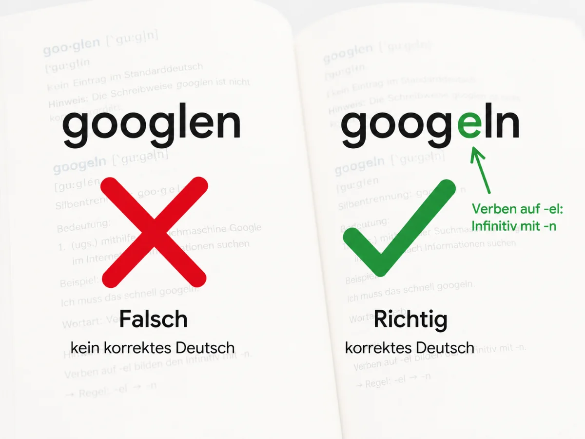 Infografik: googlen ist falsch, googeln ist richtig - mit Erklärung der deutschen Grammatikregel für Verben auf -el