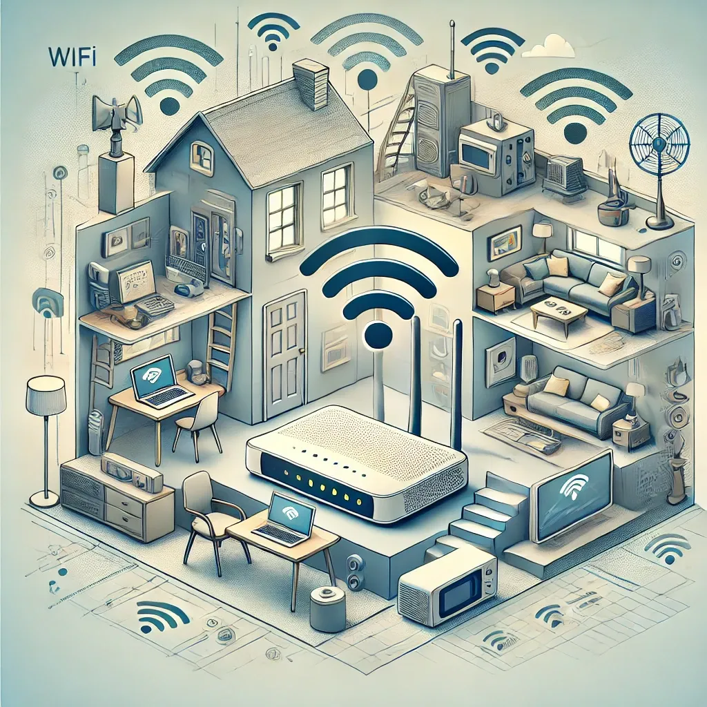 Heimnetzwerk mit WLAN-Router, Signalstörungen durch Wände und Geräte Illustration: Heimnetzwerk mit WLAN-Router, Signalstörungen durch Wände und Geräte