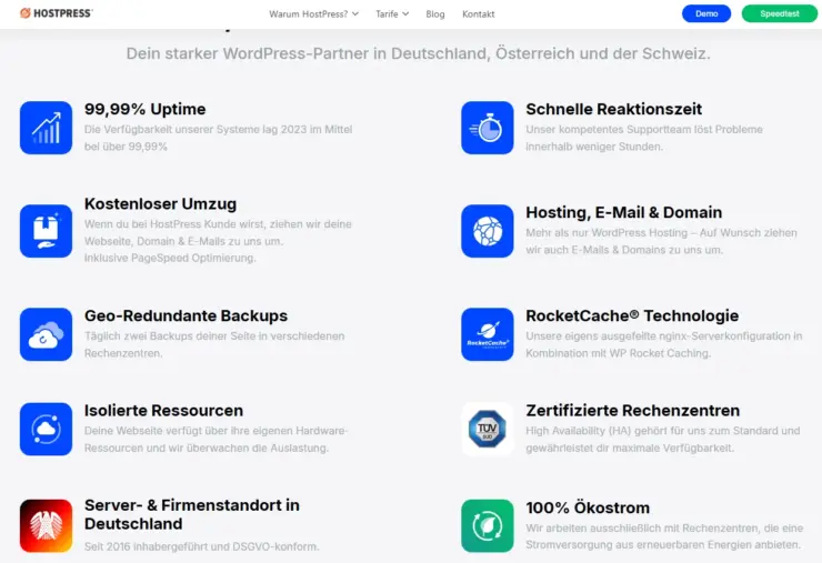Screenshot von Hostpress-Website (05/2025) mit den wichtigsten Kriterien, die für ein WordPress-Hosting hier sprechen