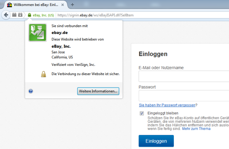 Verschlüsselte Übertragung der Login-Daten (hier Ebay)