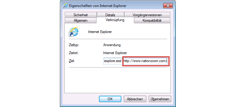 Internet Explorer Verknüpfungsziel