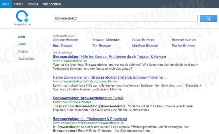 Die Suchseite isearch.omiga-plus.com als Startseite im Browser