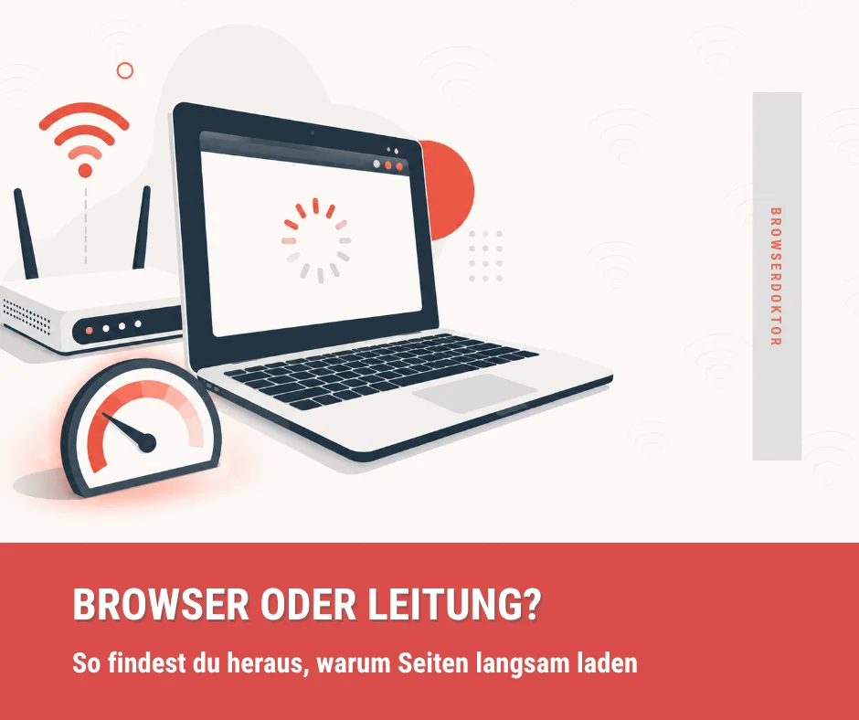Laptop mit ladender Webseite, WLAN-Router und Geschwindigkeitsanzeige als Symbol für langsames Internet