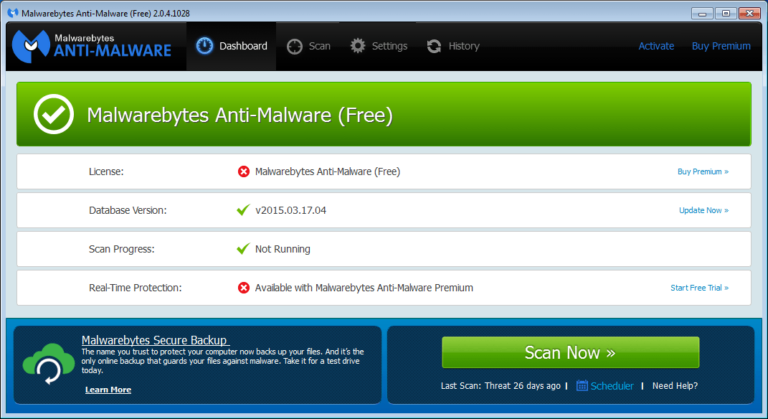 Malwarebytes Anti-Malware Dashboard