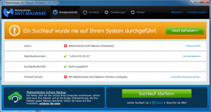 Oberfläche von Malwarebytes Anti-Malware (deutsch)