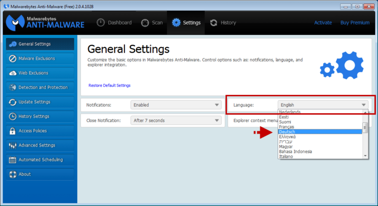 Malwarebytes Anti-Malware auf deutsch umstellen