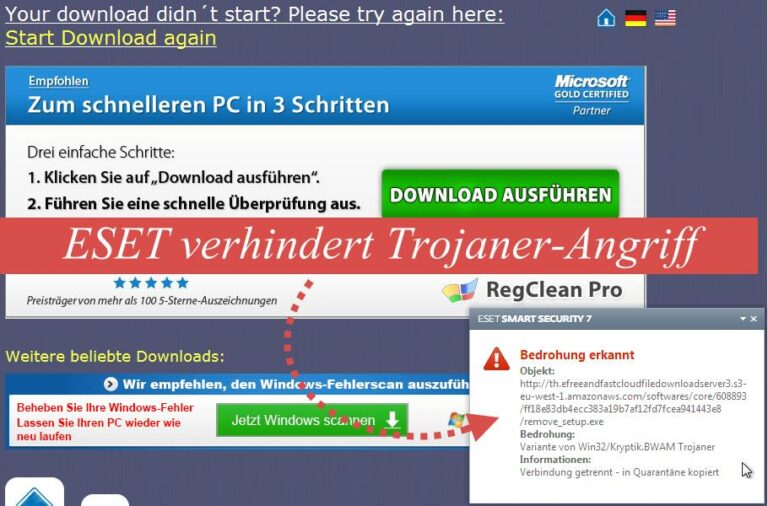 MySearchDial-Link führt zu Trojaner-Seite, ESET verhindert Infizierung