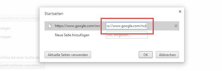 Chrome Startseite: Google ncr-Pfad an Adresse anfügen