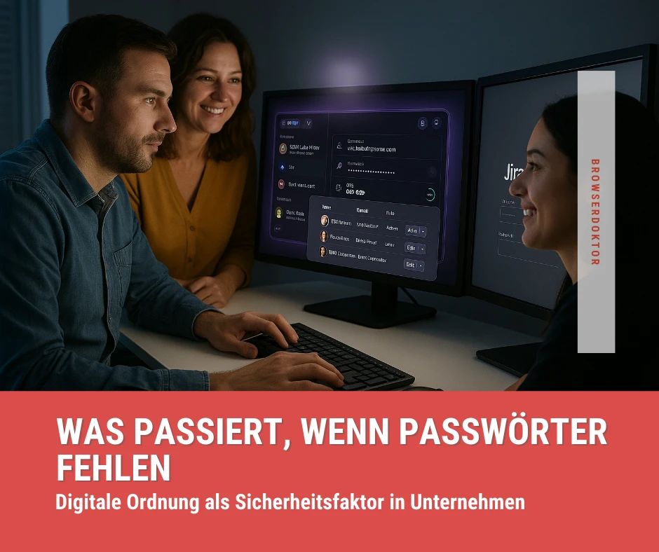 Team nutzt Passwortmanager im Unternehmen an einem modernen Arbeitsplatz.