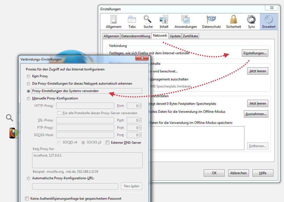 Standard Proxy-Einstellungen im Firefox