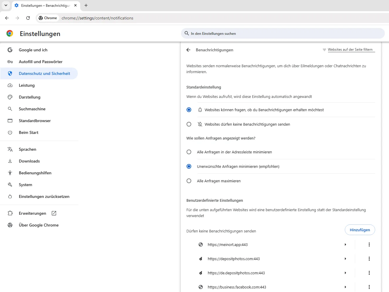 Chrome-Einstellungen für Benachrichtigungen mit der Liste Senden erlaubt und dem Menü zum Entfernen einer Seite