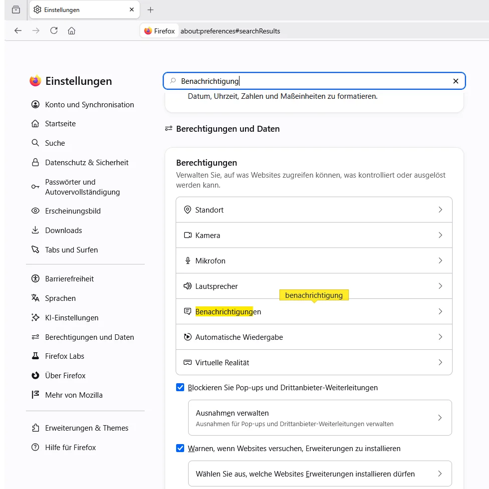 Firefox-Fenster Benachrichtigungsberechtigungen mit Seitenliste und der Option neue Anfragen blockieren