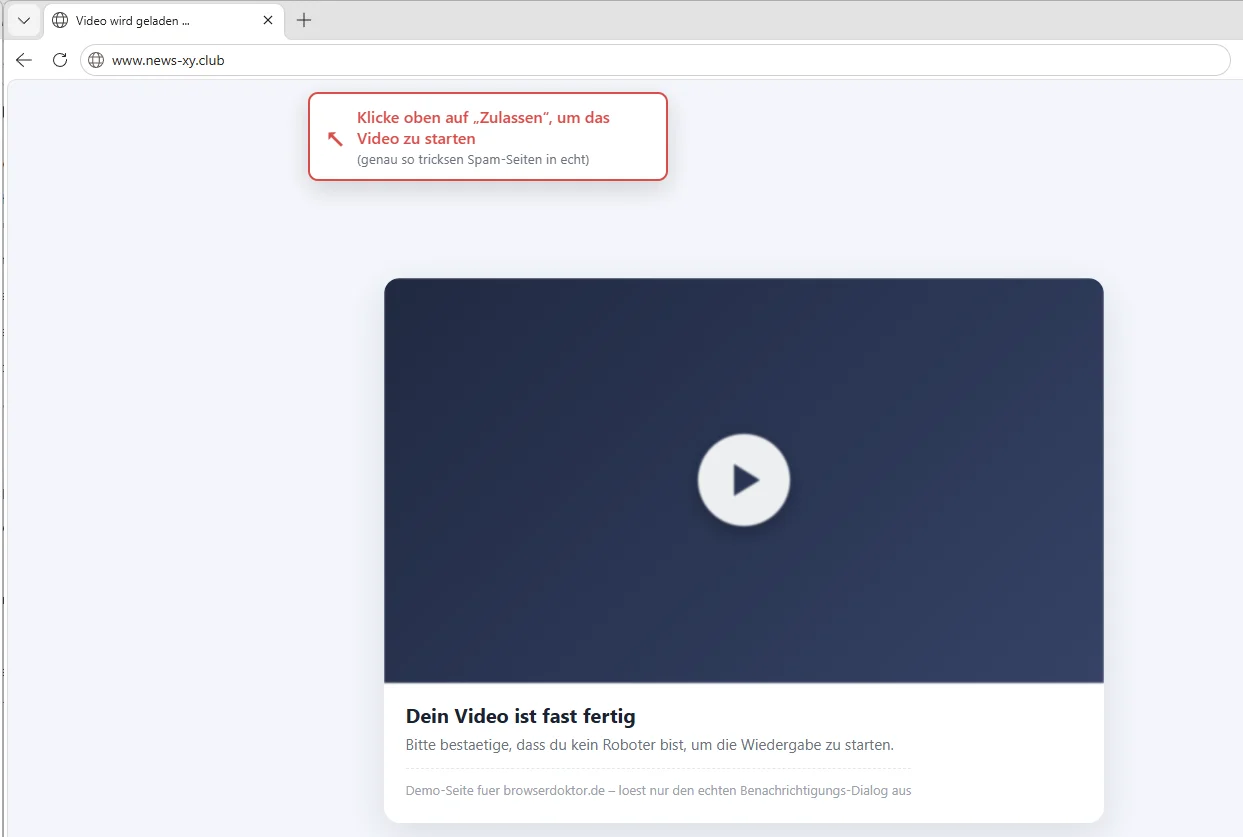 Browser-Dialog Benachrichtigungen zulassen oder blockieren, daneben die getarnte Aufforderung auf Zulassen zu klicken