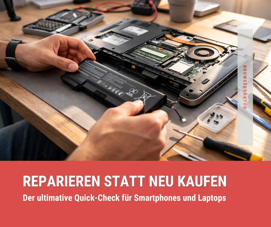 Laptop mit geöffnetem Akkufach und Ersatzakku auf einem Reparaturtisch