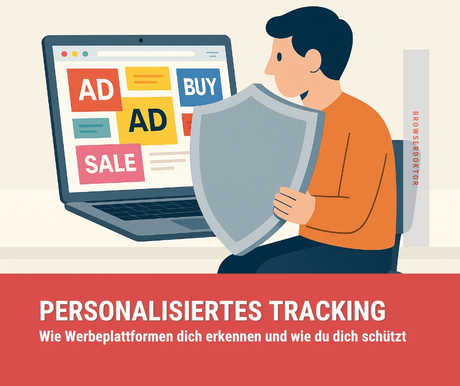 Illustration einer Person, die vor einem Laptop mit bunten Werbebannern sitzt und sich mit einem großen Schild gegen personalisiertes Tracking schützt; Text im Bild: Personalisiertes Tracking – Wie Werbeplattformen dich erkennen und wie du dich schützt