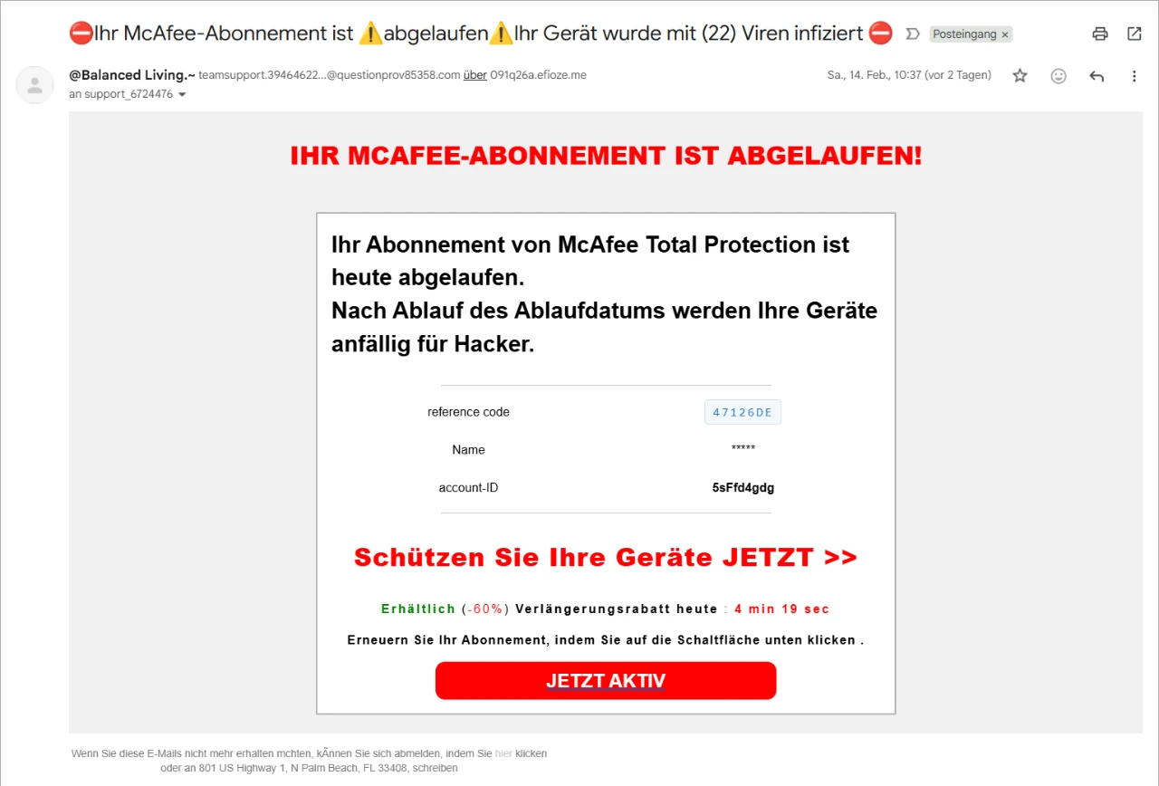 Beispiel einer gefälschten McAfee E-Mail mit Hinweis auf angeblich abgelaufenes Abonnement und dringender Zahlungsaufforderung