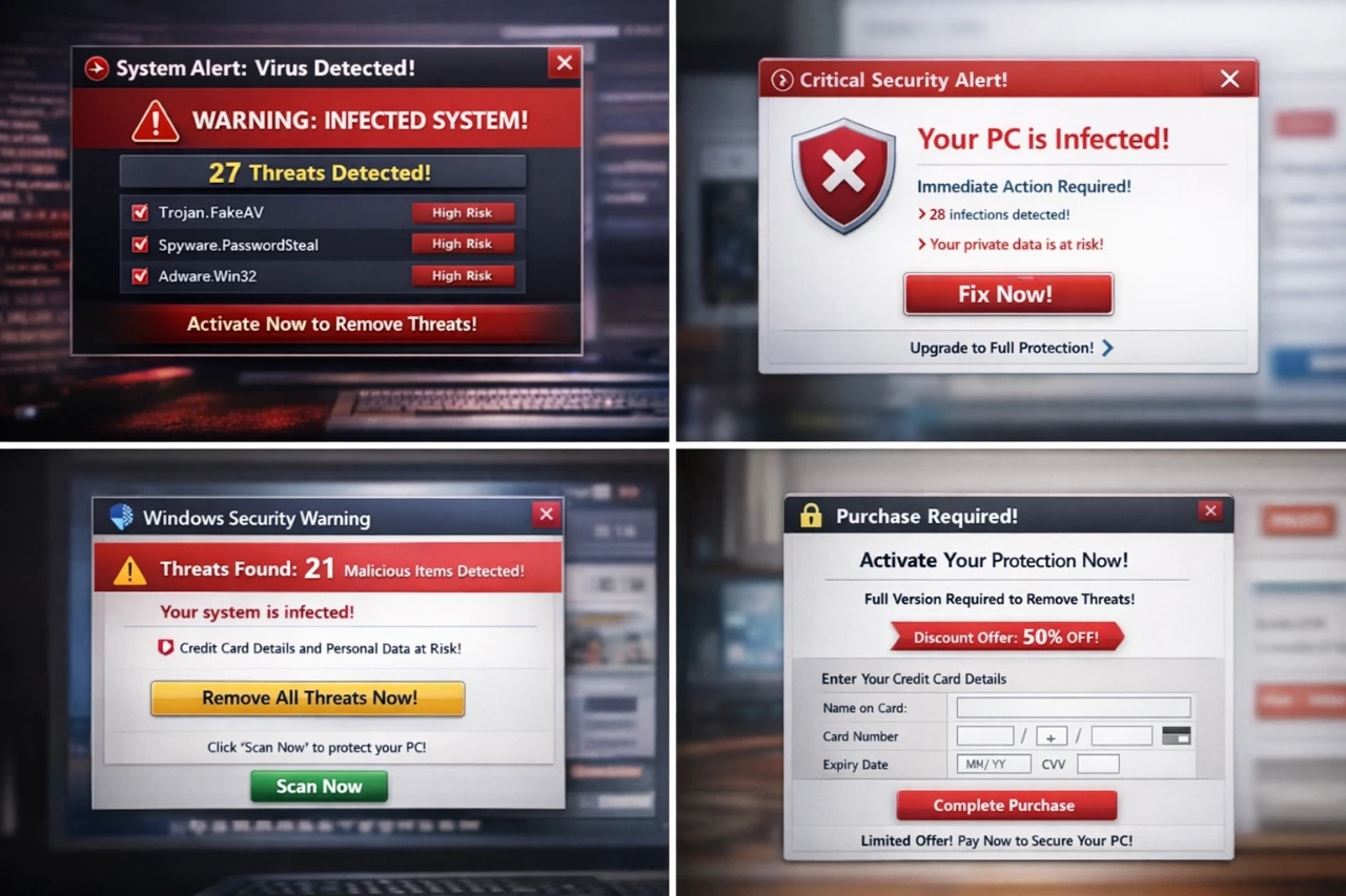 Beispielhafte Rogueware Warnmeldung auf einem Laptop mit angeblich gefundenen Bedrohungen