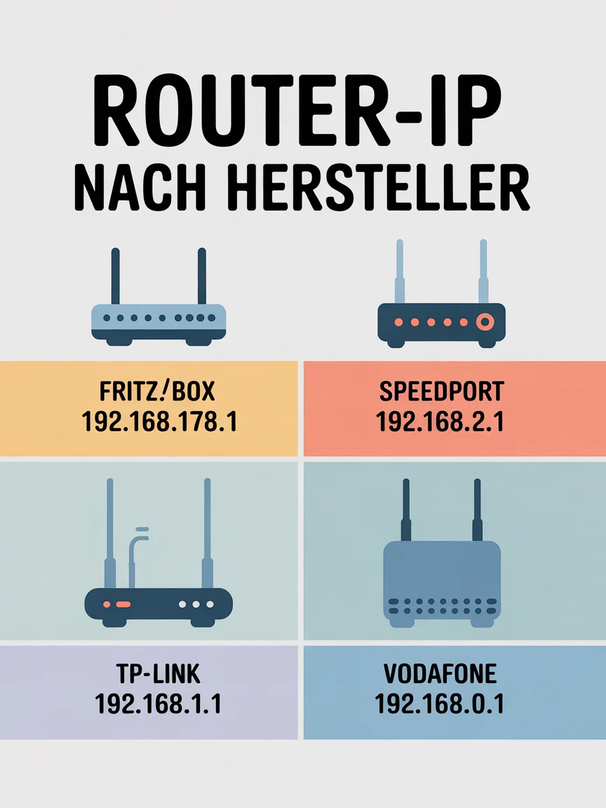 Infografik: Router-IP-Adressen nach Hersteller - Fritz!Box 192.168.178.1, Speedport 192.168.2.1, TP-Link 192.168.1.1, Vodafone 192.168.0.1