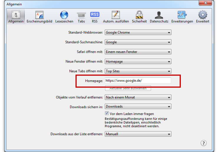 Safari Homepage-Einstellungen