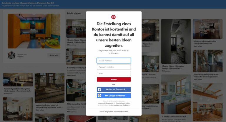 Screenshot Pinterest Anmeldung